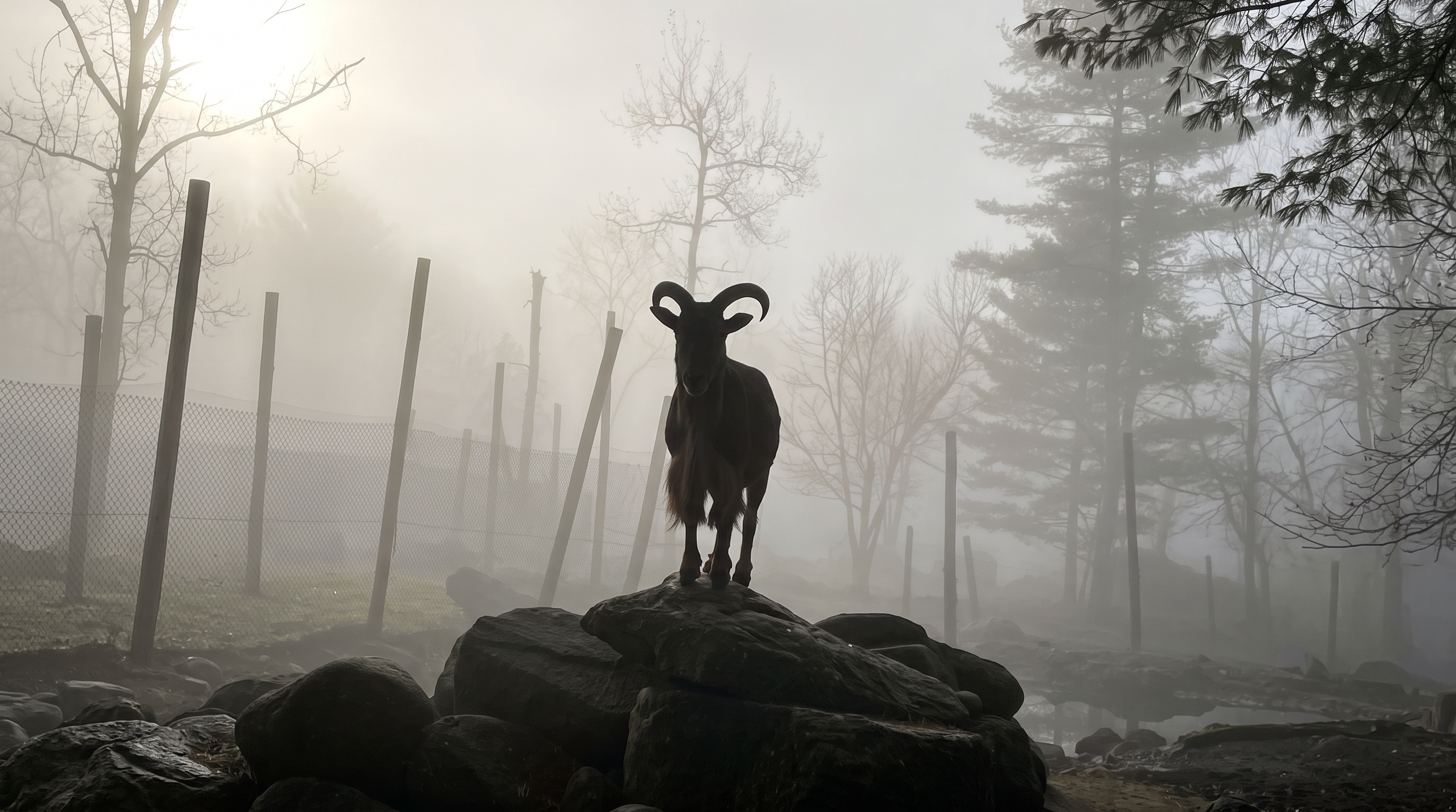 Aoudad Barbary sheep perched majestically on boulder in morning woodland mist at DEW Haven sanctuary